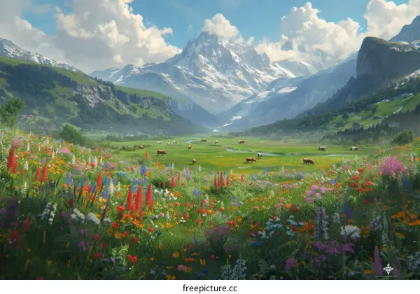 Cows grazing in an idyllic mountain valley with a river running through it