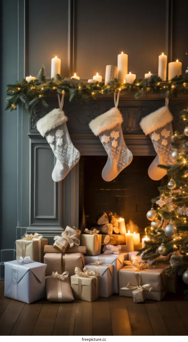 Christmas Fireplace Still Life with Gifts and Decorations