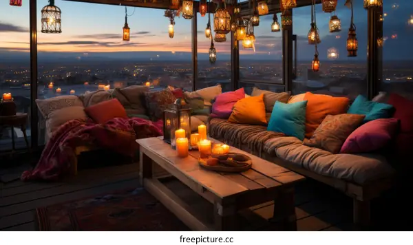 A cozy rooftop terrace with a view of the city at sunset