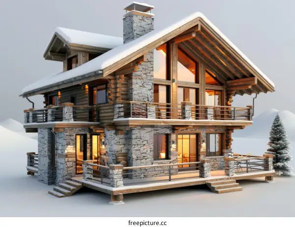 A wooden house in the snowy mountains
