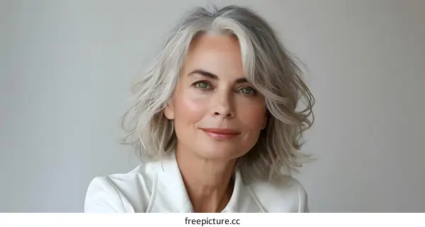 Portrait of a Mature Woman with Gray Hair and a White Jacket
