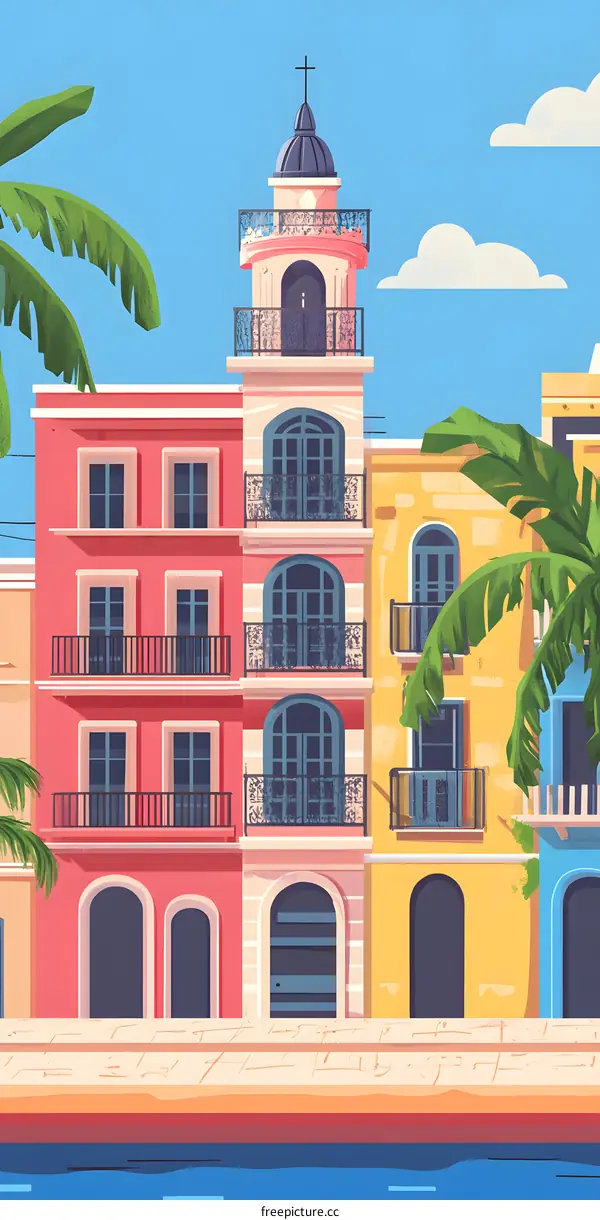 Colorful Buildings With Palm Trees in Front of Blue Sky