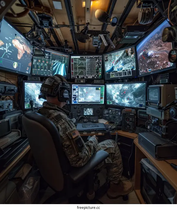Soldier operates advanced military technology in a command center