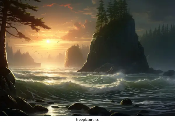 The sun casts a golden glow on the rocky coast of Maine