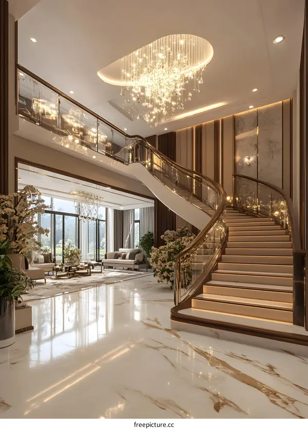 Modern Interior Design with Elegant Staircase and Chandelier