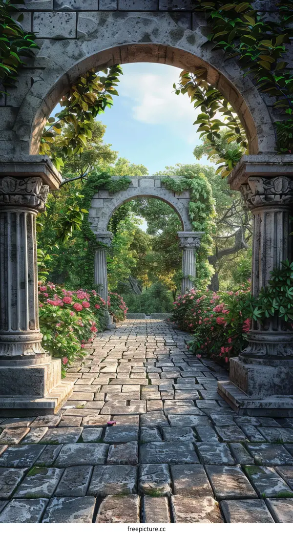 Ancient Stone Archway Garden Pathway Illustration