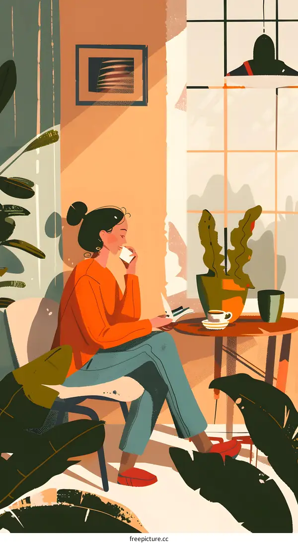 Woman Sitting in a Cafe Drinking Coffee and Reading a Book