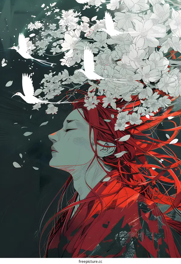 Woman with Red Hair and White Birds in a Field of Flowers