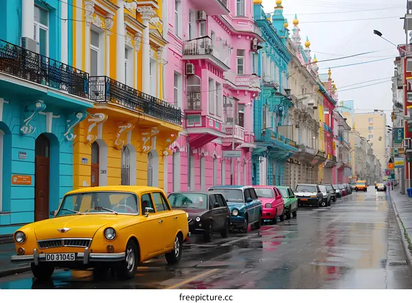 A row of colorful buildings with a yellow car parked in front