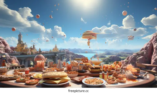 Feast of fast food, dessert, surreal floating cityscape