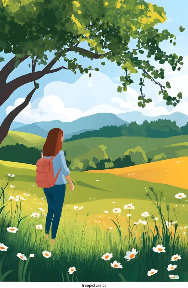 Woman with Backpack Hiking in Green Field