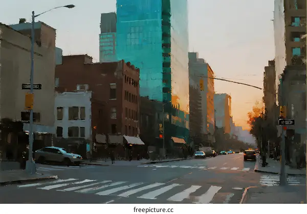 Urban Street at Sunset with Modern Buildings and Crosswalk