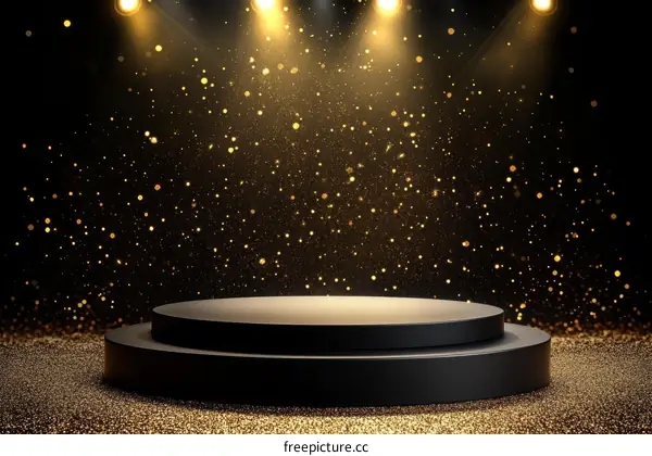 Elegant Black Podium with Golden Glitter Background