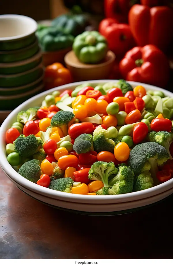 A bowl of colorful fresh vegetables, including cherry tomatoes, broccoli florets, and sugar snap peas, in a wooden bowl with a napkin