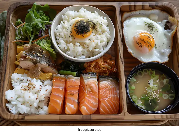 A delicious and healthy meal of rice, vegetables, and salmon