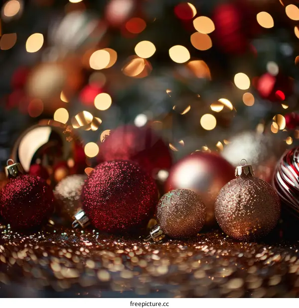 Red and gold Christmas ornaments with blurred lights in the background
