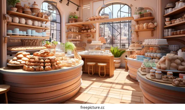 European Bakery Interior with Bread and Pastries Display