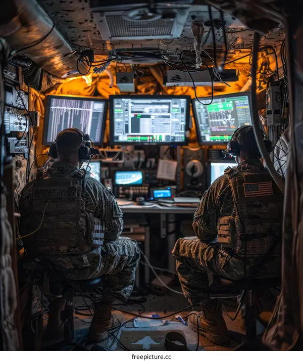 Two soldiers monitoring computer screens in a military operations center