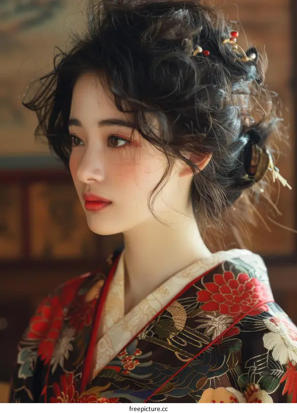 Portrait of a beautiful Asian woman in traditional Japanese kimono