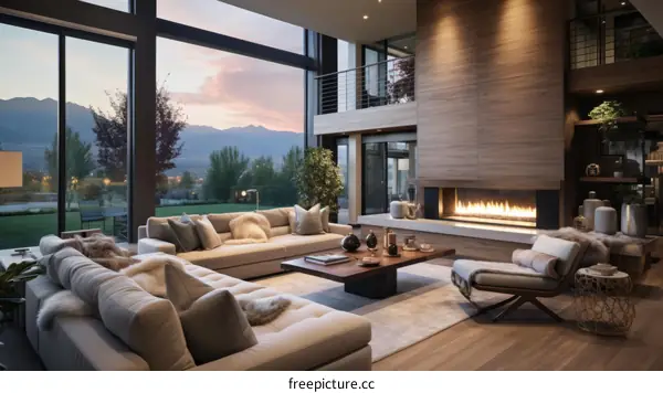 Modern luxury living room interior design with fireplace and large windows