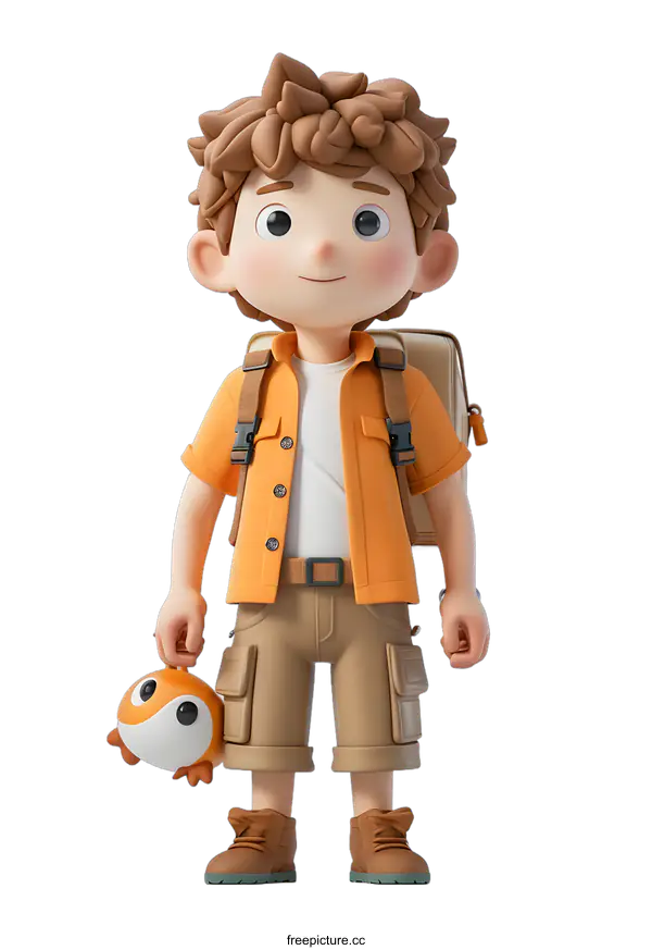 [Transparent Background PNG]A boy with a backpack and a penguin toy