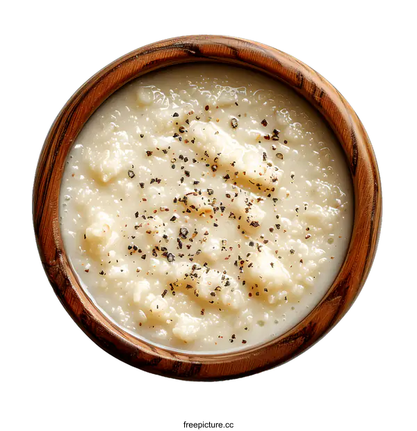 [Transparent Background PNG]Creamy Cauliflower Soup in a Wooden Bowl