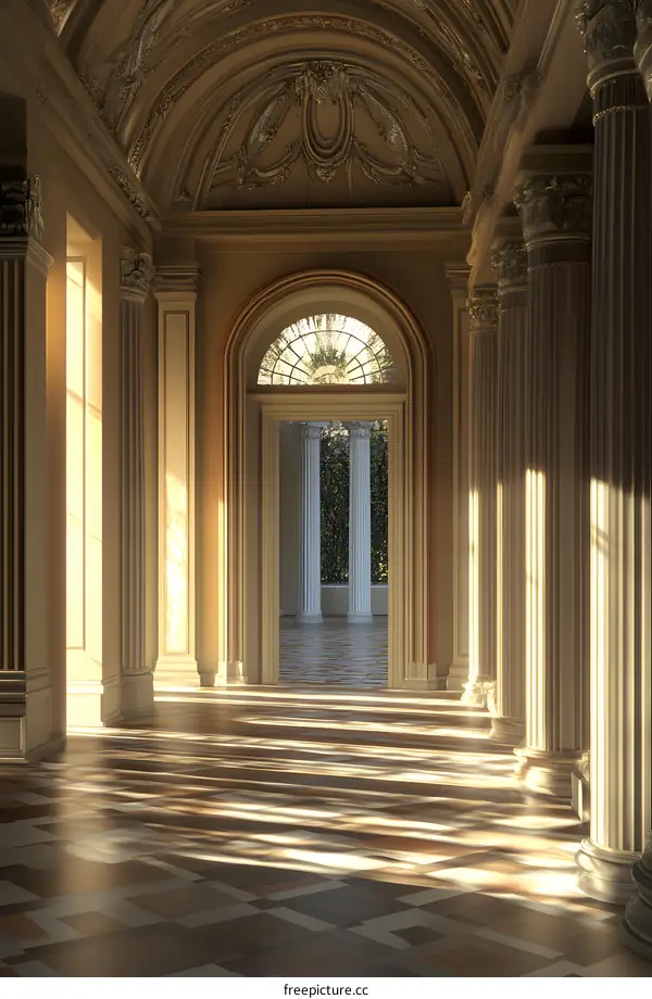 Sunlight Through Columns In A Classic Hallway