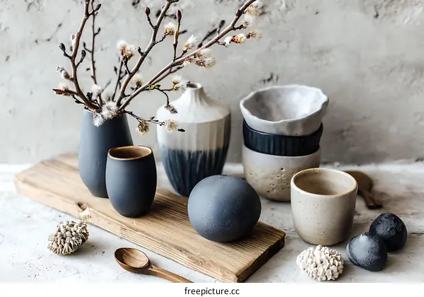 Stylish Ceramic Pottery Arrangement on Wooden Board