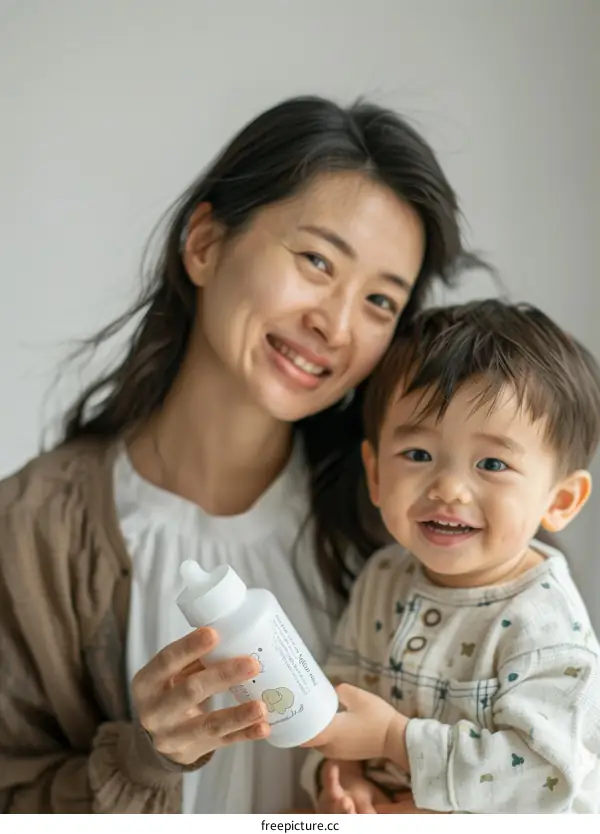 A mother is holding her baby and smiling at the camera.