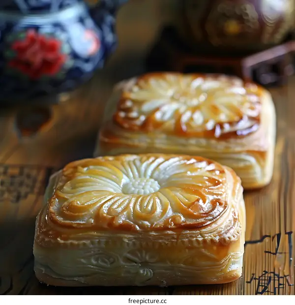 Two Golden Brown Moon Cakes on a Wooden Table