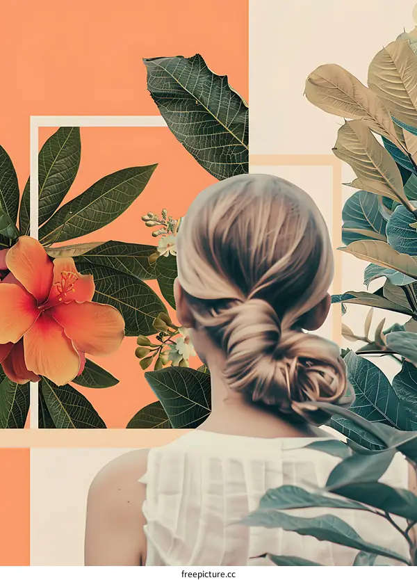 Woman in a White Dress with Flowers and Leaves Behind Her