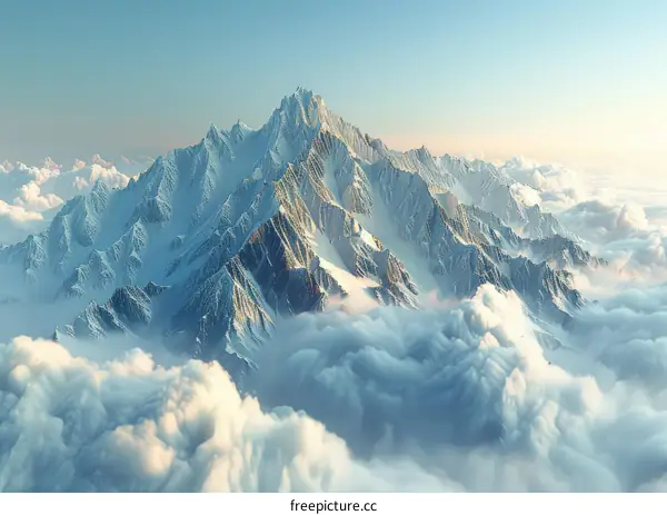 A majestic mountain peak rising above the clouds
