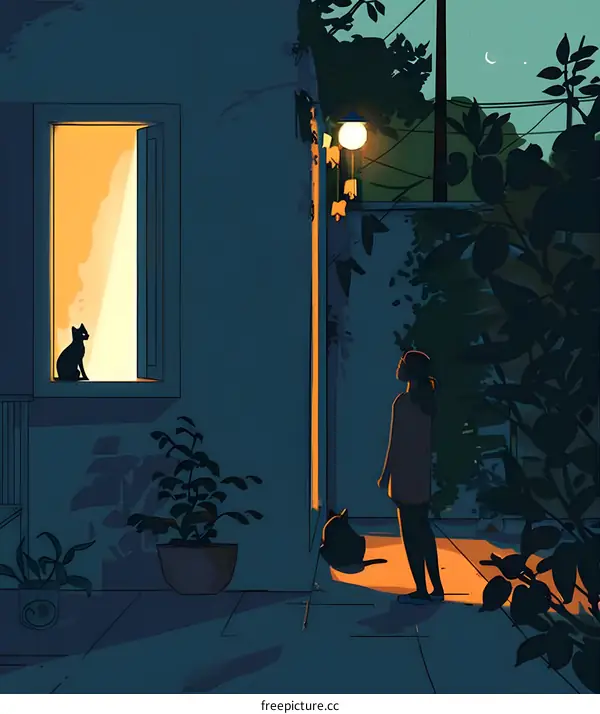 Woman Looking at Cat in Window at Night