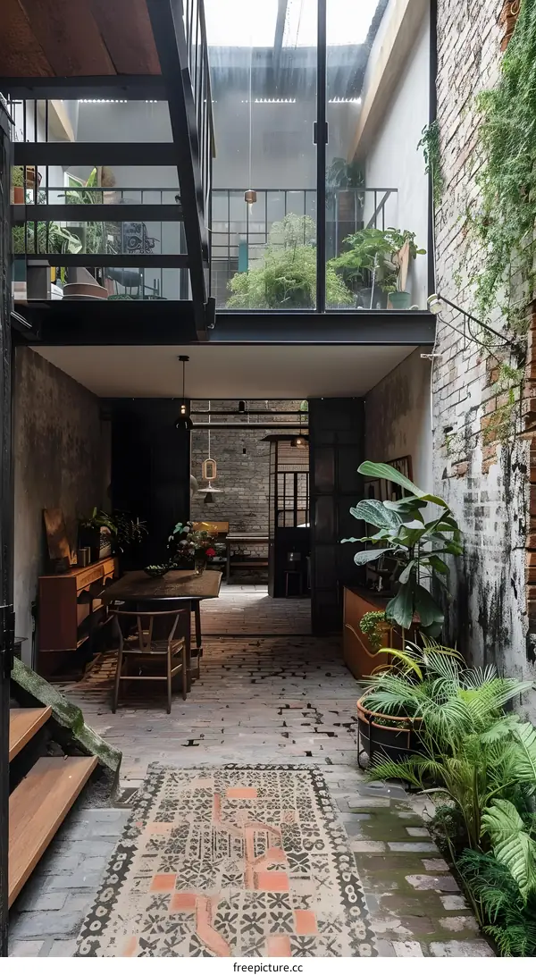 Indoor Patio With Brick Walls and Greenery