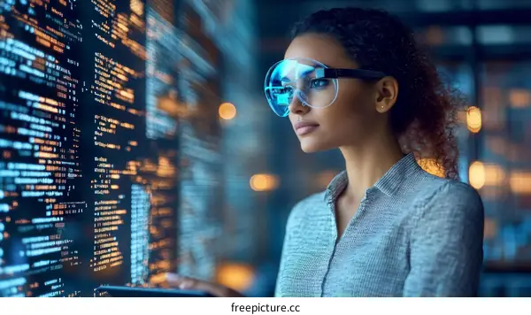 Future Tech Woman in VR Glasses Looking at Code