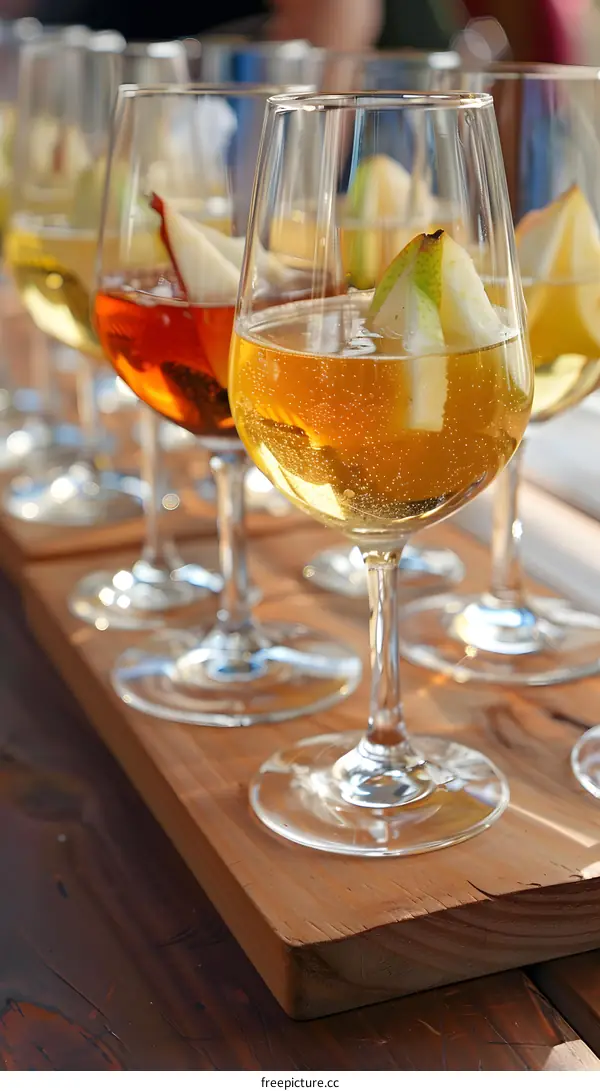 Close Up Of Wine Glasses With Pear Slices On A Wooden Tray