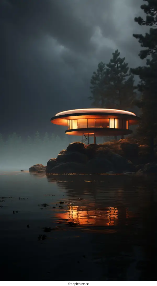 Futuristic Lakeside House by Night