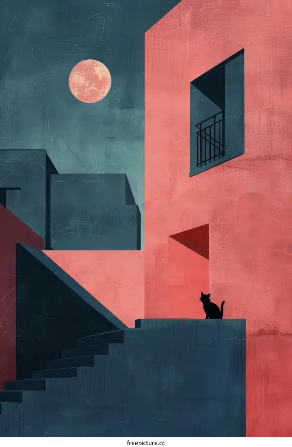 A black cat sits on a ledge in front of a pink building