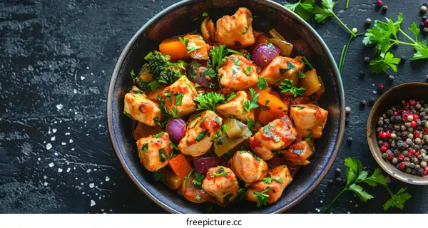 A delicious and healthy chicken stew with vegetables and herbs.