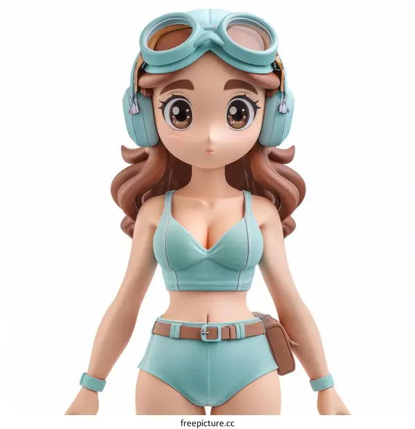 anime girl with brown hair and blue eyes wearing a blue bikini top and shorts