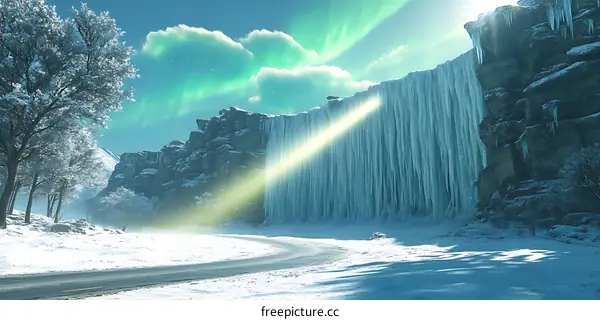 Winter Landscape With Frozen Waterfall and Aurora Borealis