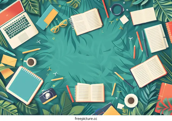 Tropical Leaves Background With Office Supplies And Coffee