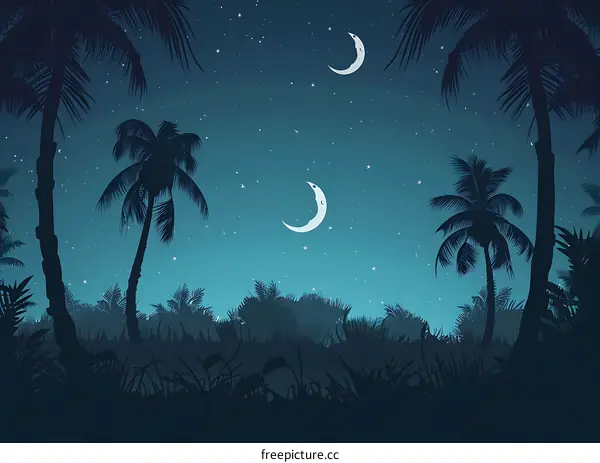 Night Sky with Palm Trees and Crescent Moons