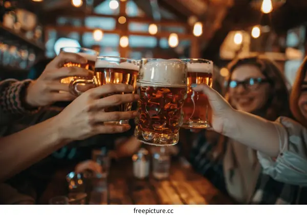 People celebrating with beer mugs in a bar