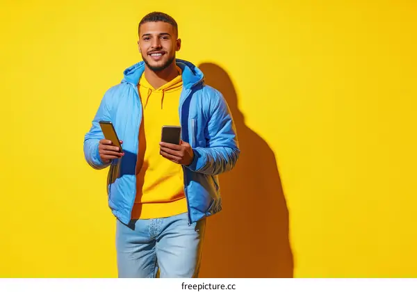 Stylish Man Holding Mobile Phones Against Yellow Background