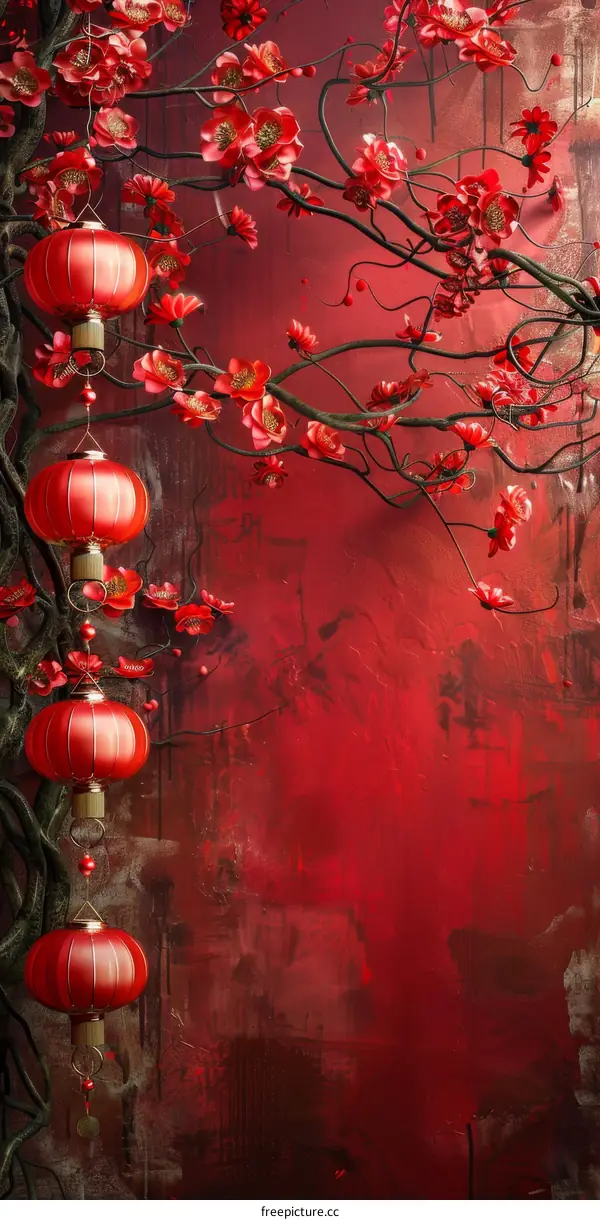 Red Chinese New Year Background with Plum Blossom and Lantern