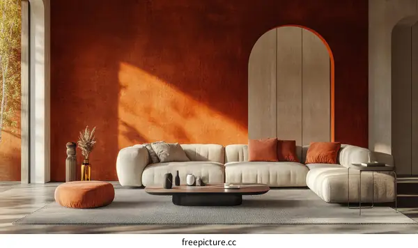 Modern Living Room Interior Design with Orange Wall