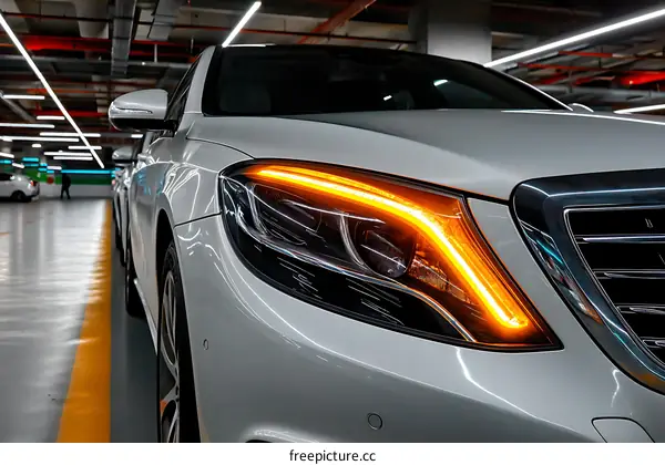 Luxury White Car in Underground Parking Lot