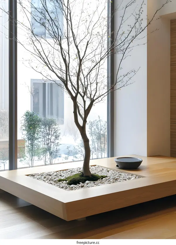 Minimalist Interior Design with Bonsai Tree by Window
