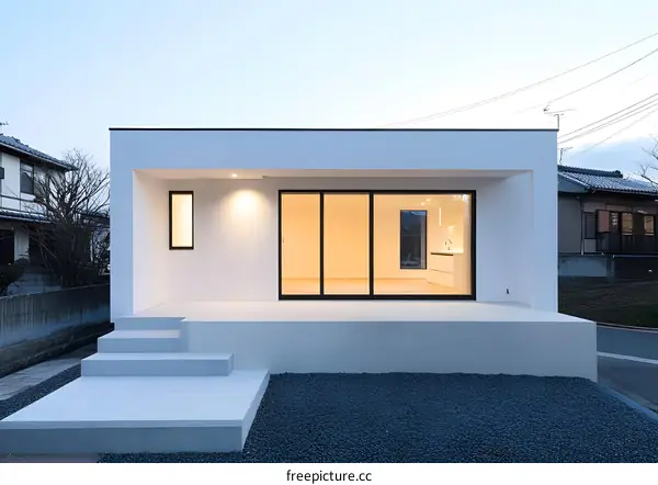 Modern White Minimalist House Exterior With Sliding Doors and Stone Patio